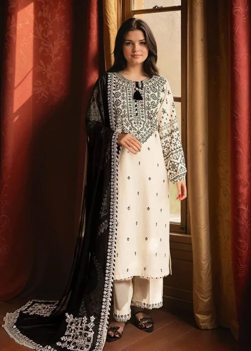 White Embroidered Linen Kurta Set with Dupatta