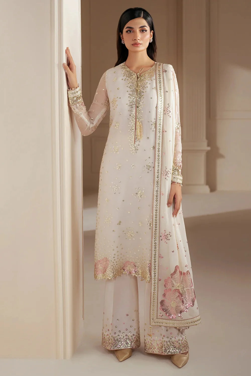 Off White Multi Sequins Embroidered Chiffon Suit