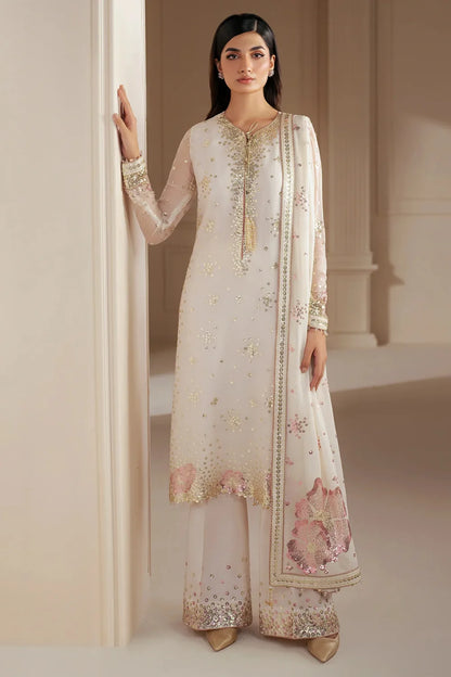 Off White Multi Sequins Embroidered Chiffon Suit