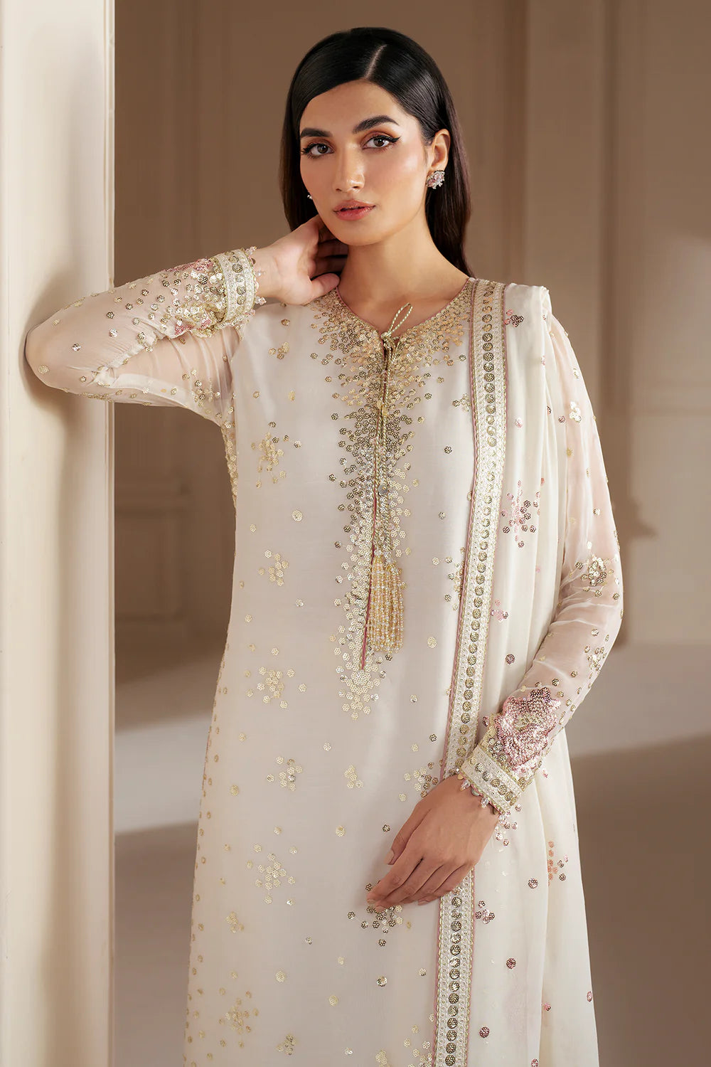 Off White Multi Sequins Embroidered Chiffon Suit
