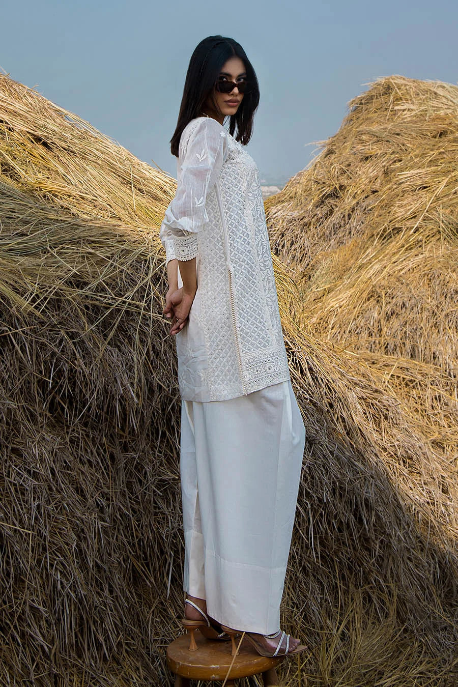 White Handmade Pure Swiss Lawn Farshi Shalwar Suit