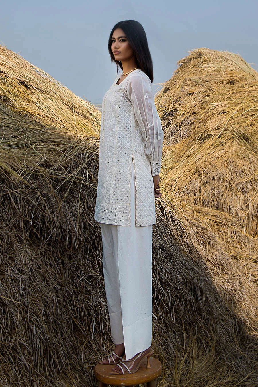 White Handmade Pure Swiss Lawn Farshi Shalwar Suit