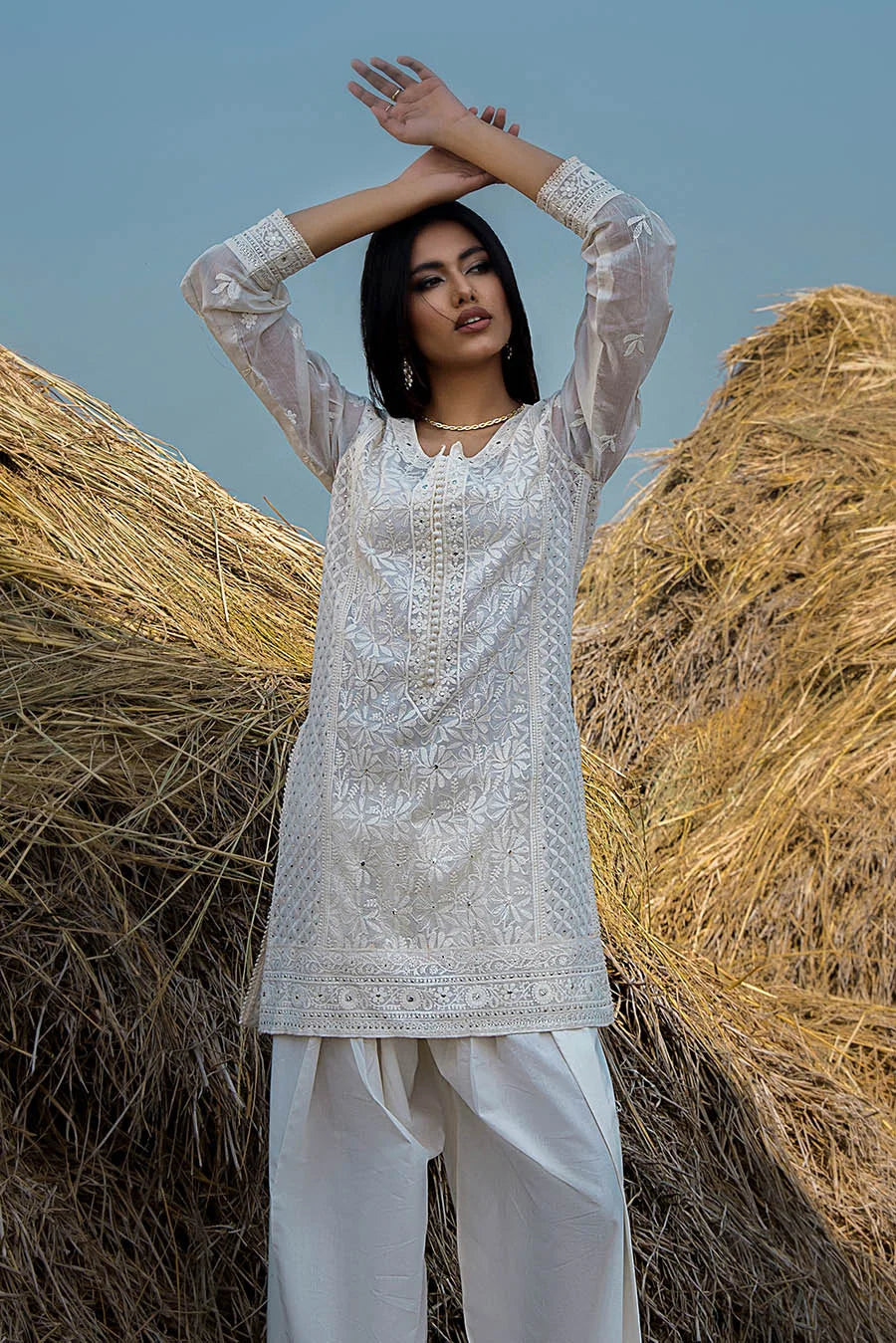 White Handmade Pure Swiss Lawn Farshi Shalwar Suit