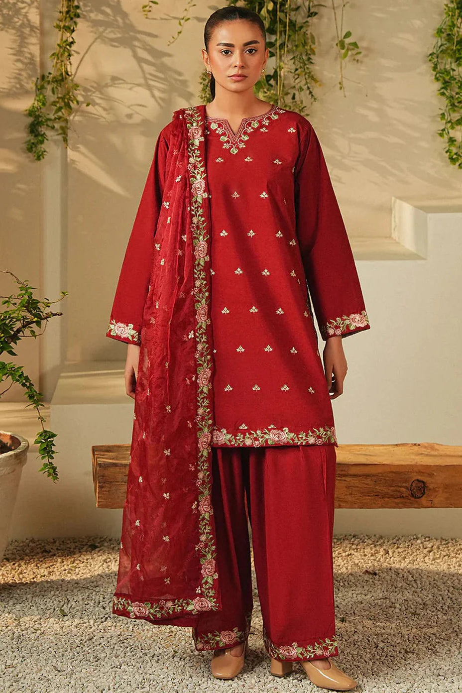 Fire Red Linen Embroidered Kurta Set with Dupatta