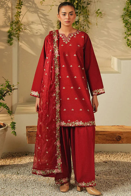 Fire Red Linen Embroidered Kurta Set with Dupatta