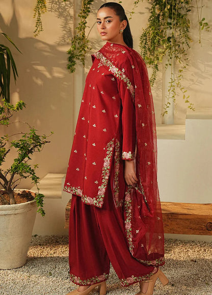 Fire Red Linen Embroidered Kurta Set with Dupatta