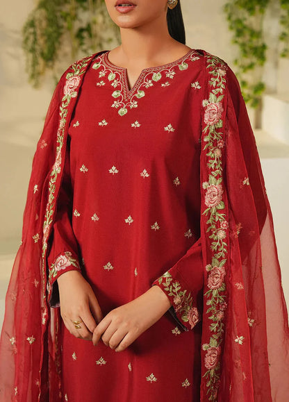 Fire Red Linen Embroidered Kurta Set with Dupatta