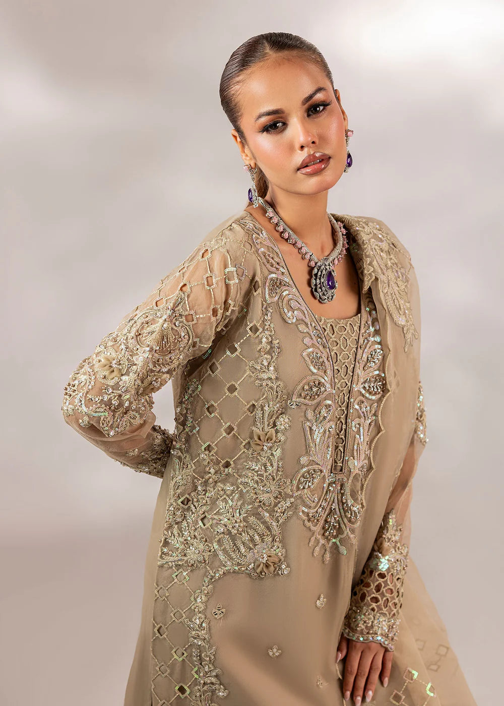 Beige Embellished Suit with Flared Trouser