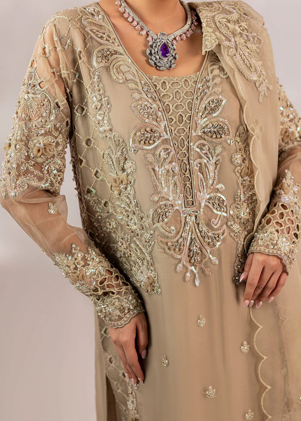 Beige Embellished Suit with Flared Trouser