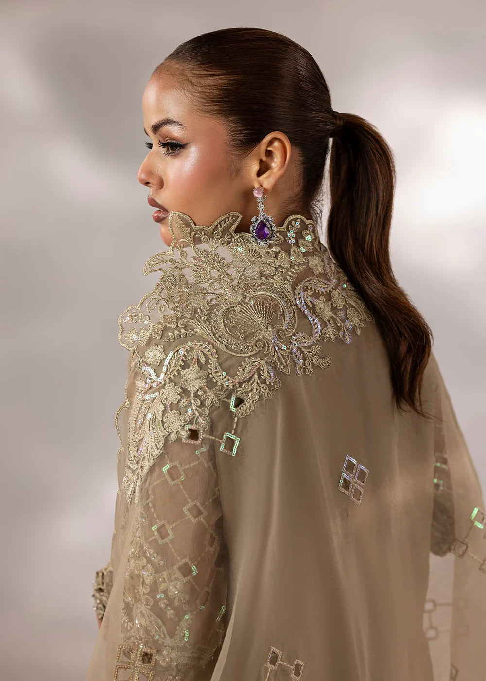 Beige Embellished Suit with Flared Trouser