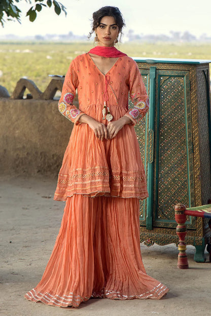Peach Orange Paper Cotton Peplum Top with Gharara