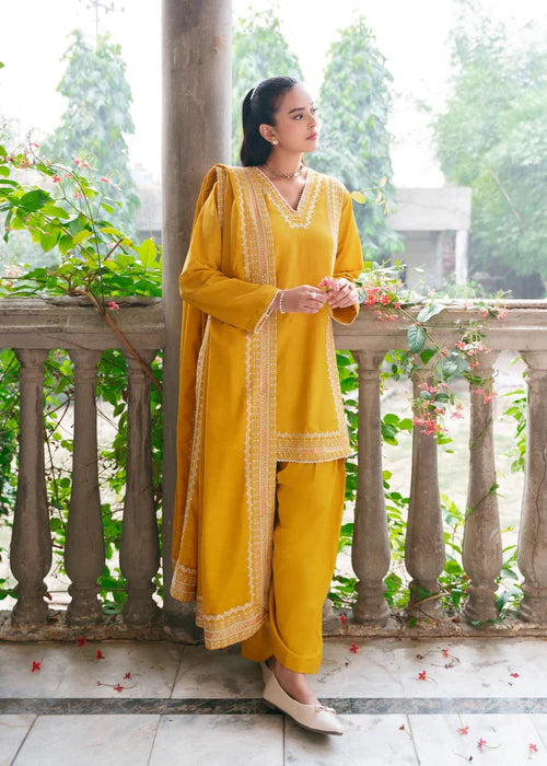 Sunflower Yellow Embroidered Dhanak Kurta Set with Dupatta