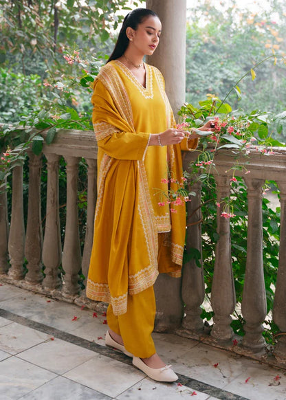 Sunflower Yellow Embroidered Dhanak Kurta Set with Dupatta