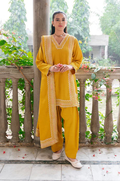 Sunflower Yellow Embroidered Dhanak Kurta Set with Dupatta