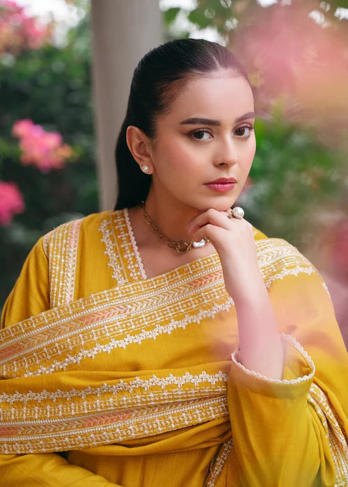Sunflower Yellow Embroidered Dhanak Kurta Set with Dupatta