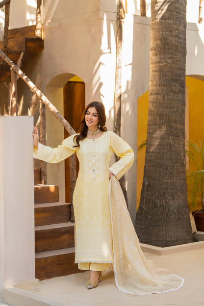 Lemon Yellow Pure Cotton Chikankari Suit with Long Shirt