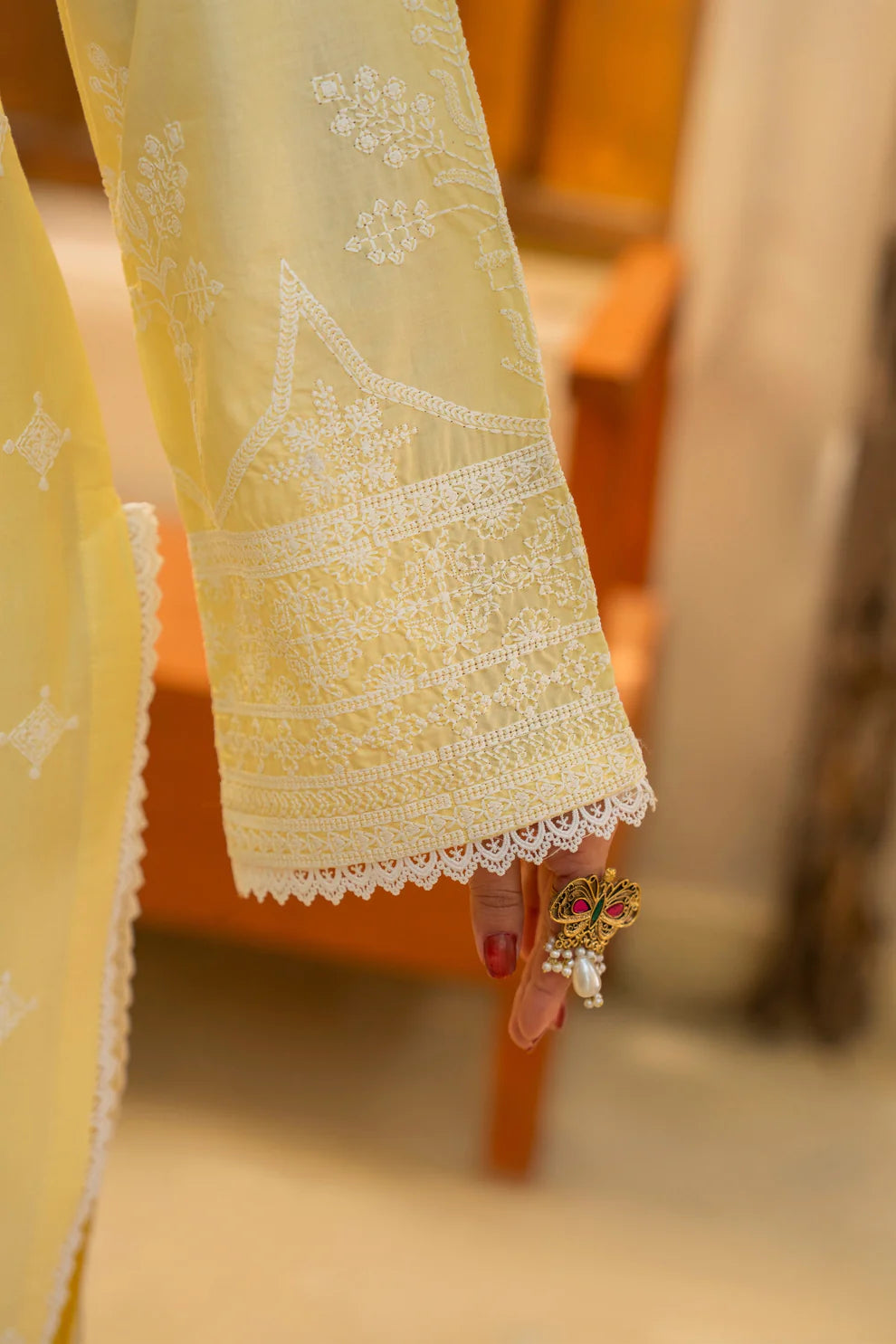 Lemon Yellow Pure Cotton Chikankari Suit with Long Shirt