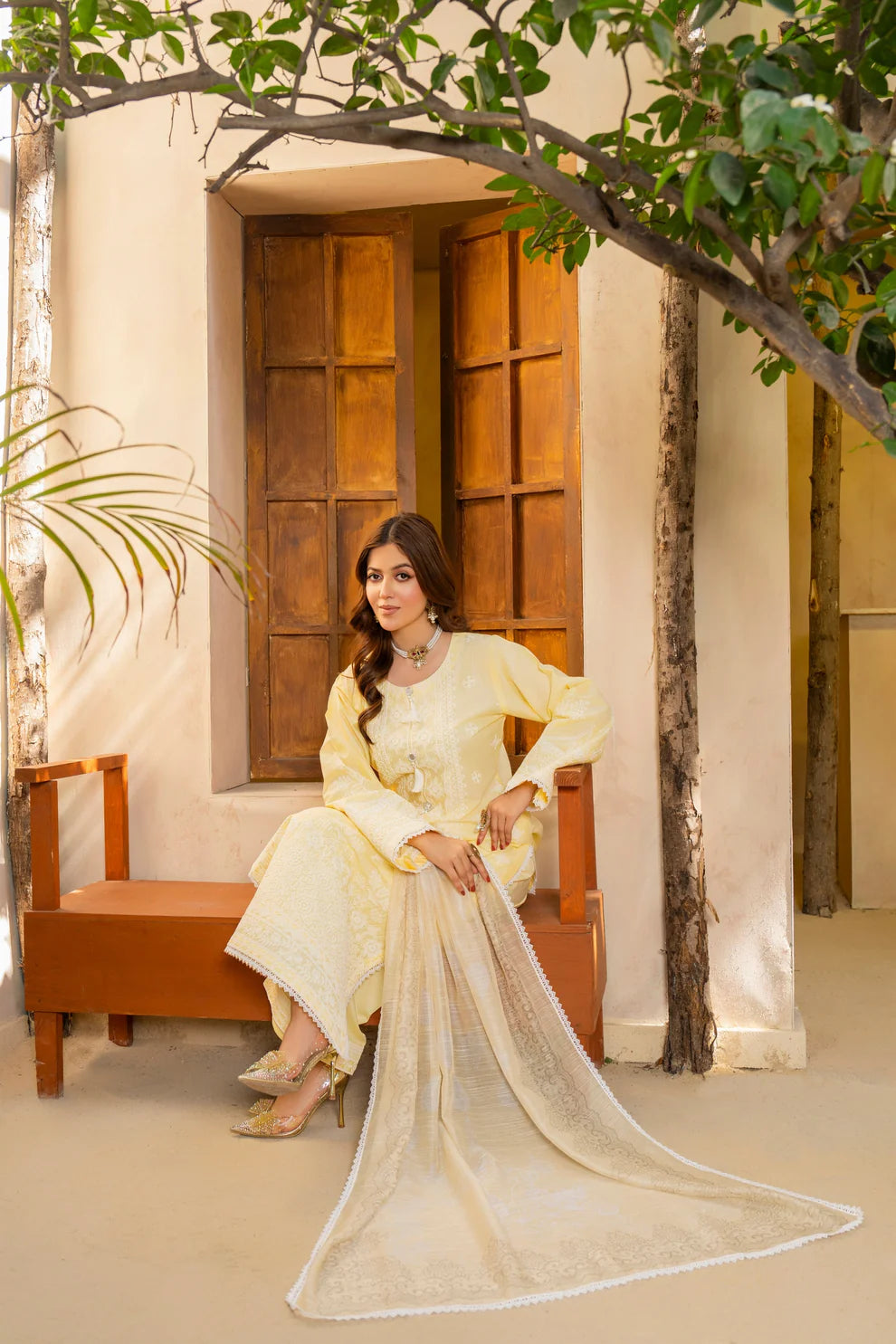 Lemon Yellow Pure Cotton Chikankari Suit with Long Shirt