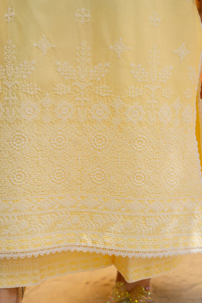 Lemon Yellow Pure Cotton Chikankari Suit with Long Shirt