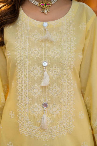 Lemon Yellow Pure Cotton Chikankari Suit with Long Shirt
