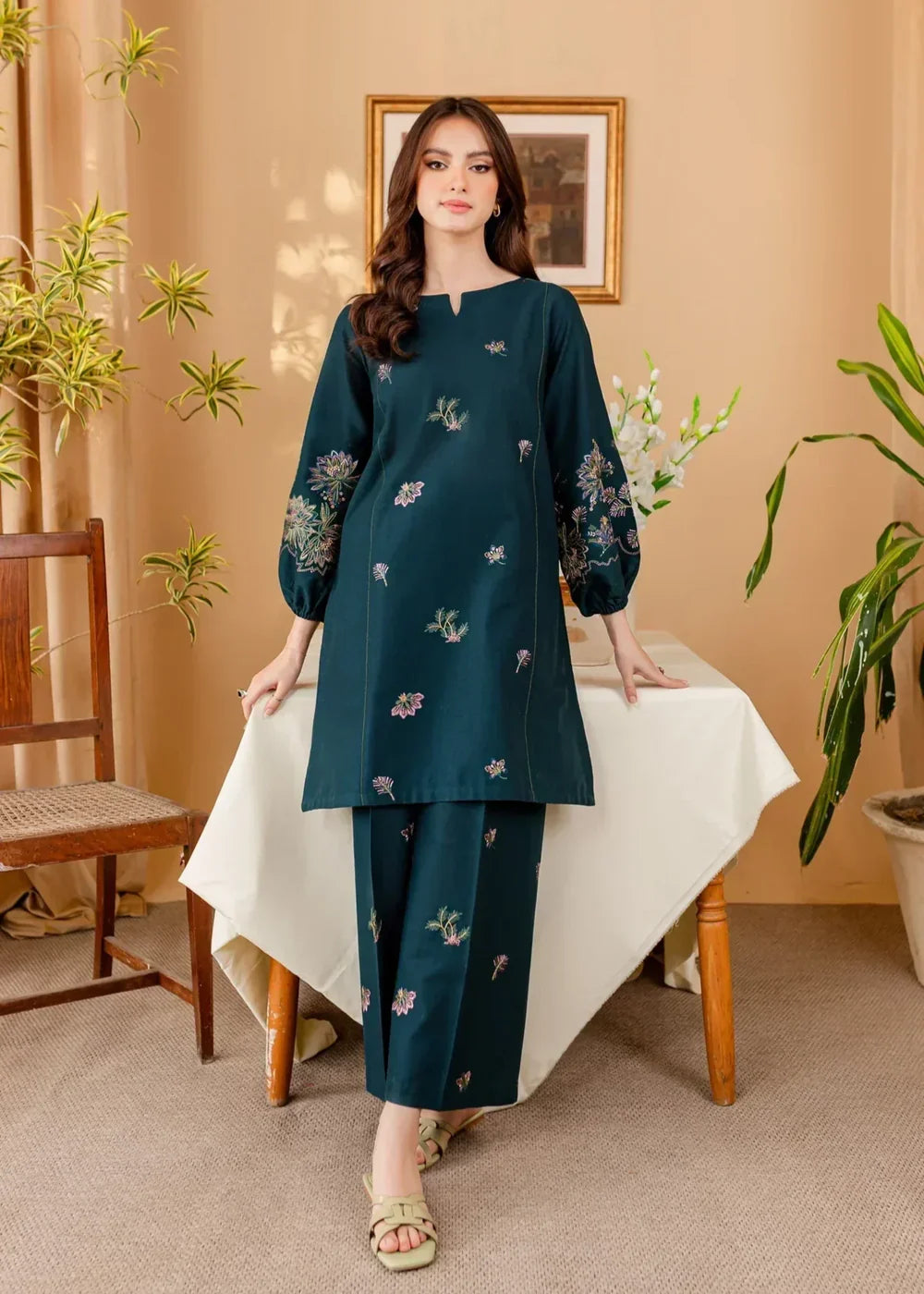 Teal Blue Embroidered Cotton Kurta Set