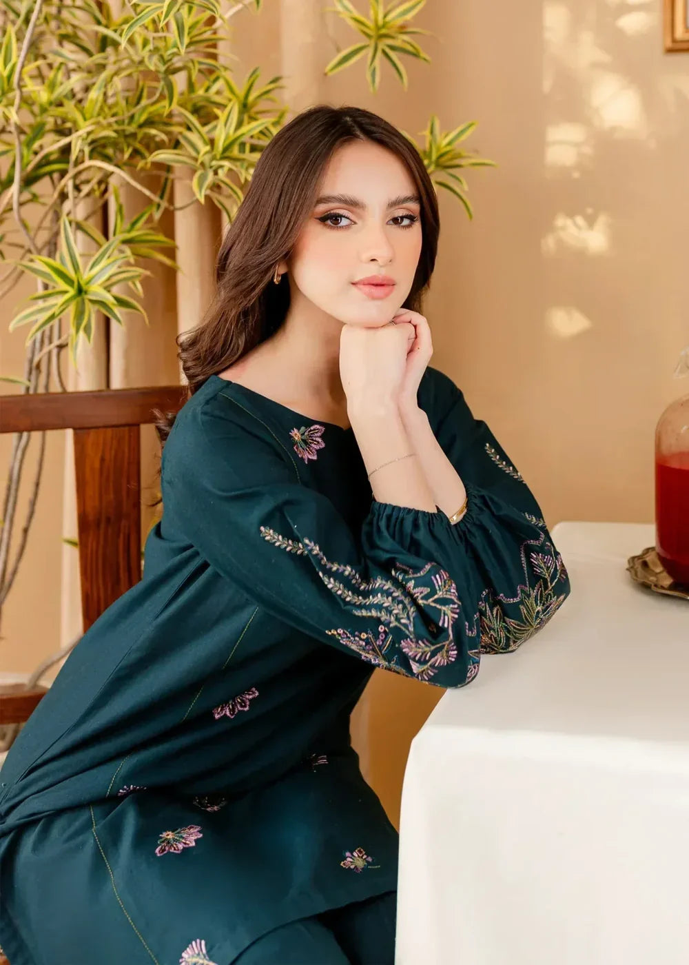 Teal Blue Embroidered Cotton Kurta Set