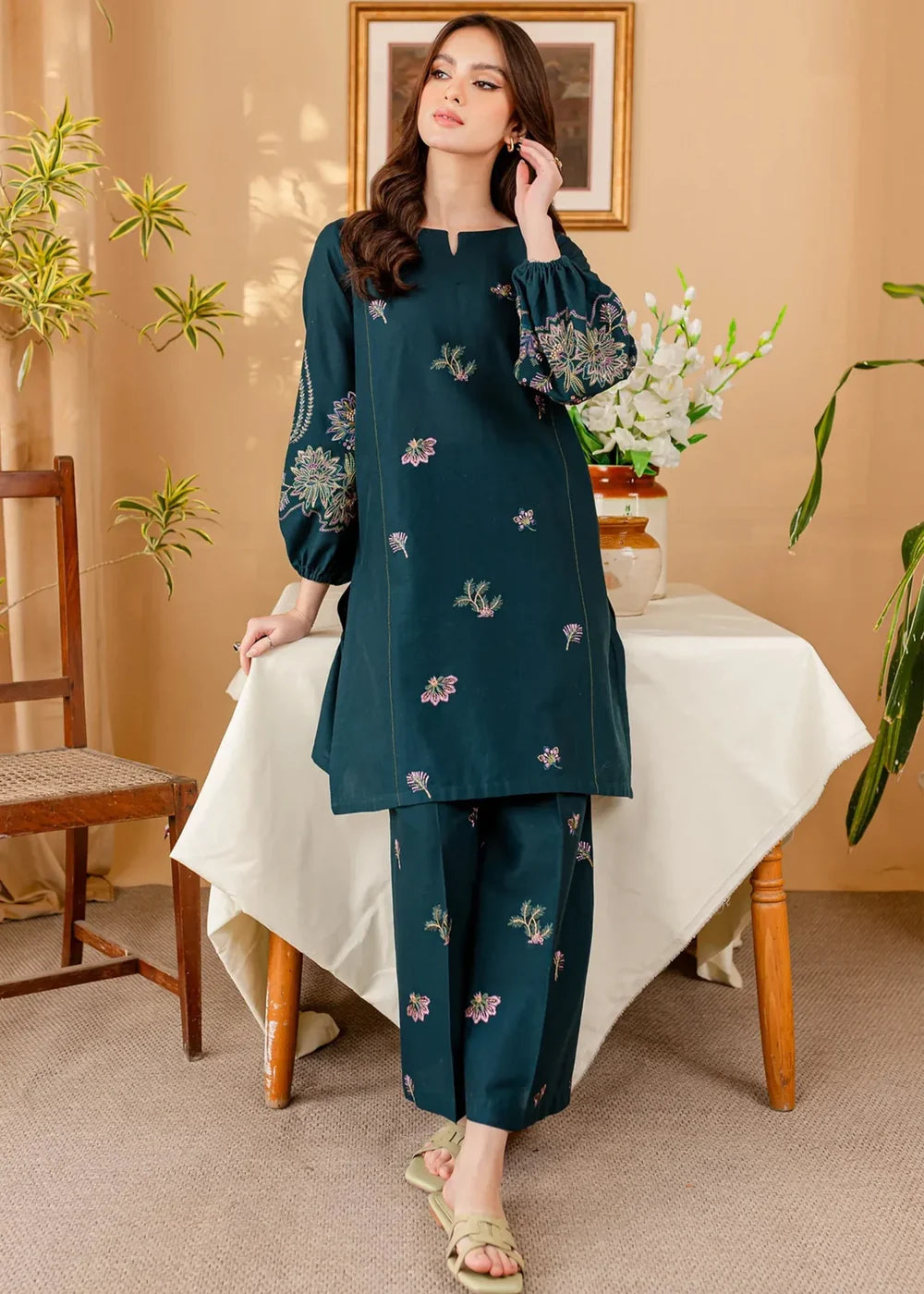 Teal Blue Embroidered Cotton Kurta Set