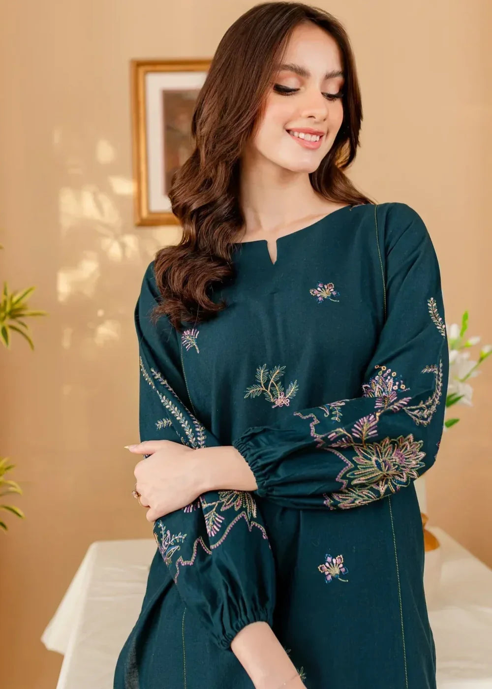 Teal Blue Embroidered Cotton Kurta Set