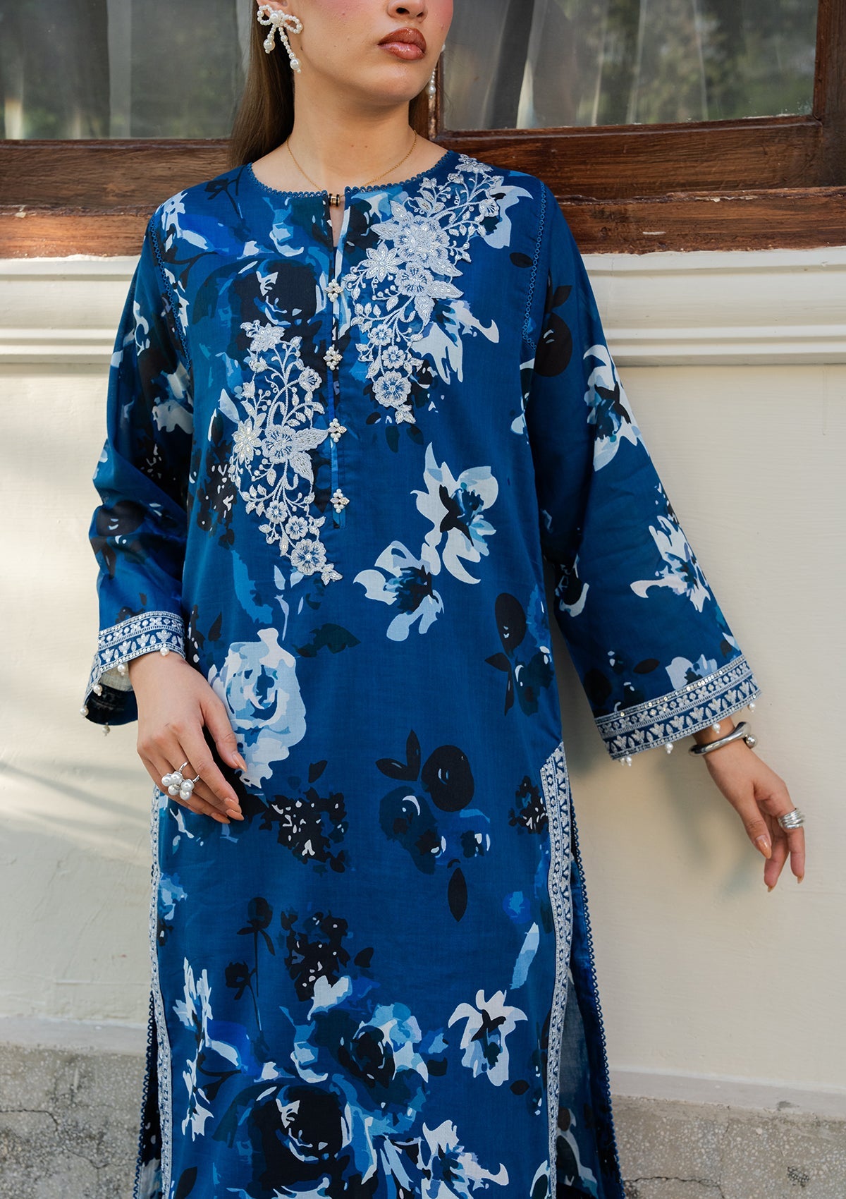 Aegean Blue Embroidered Lawn Dress Material Online in Sri Lanka India Australia