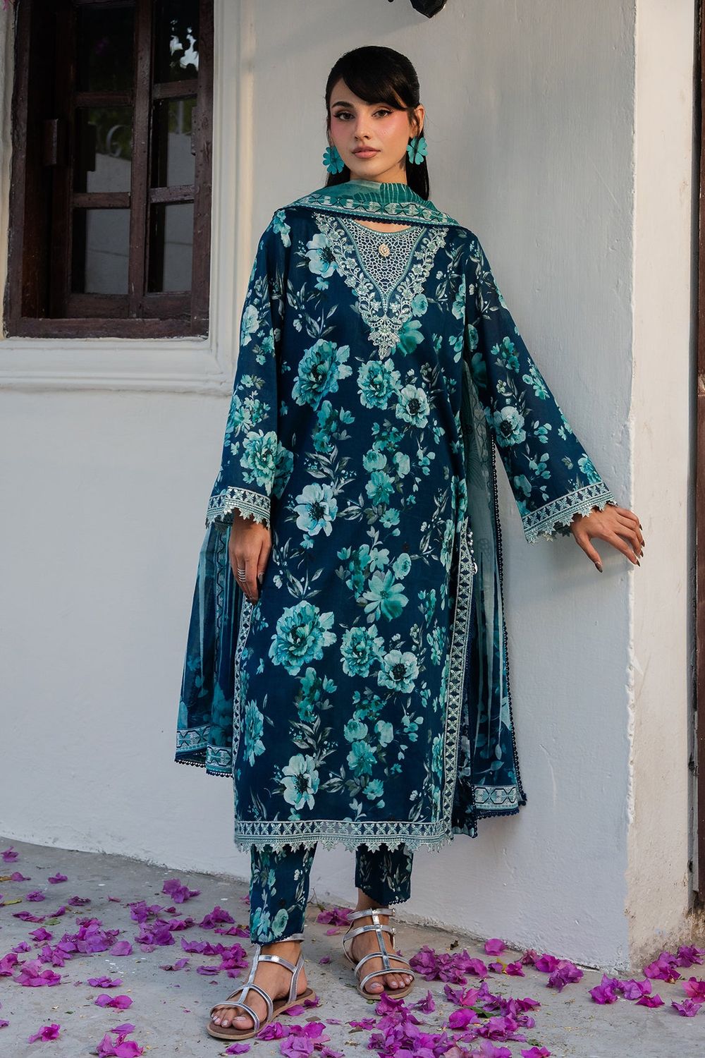 Aegean Blue Embroidered Lawn Salwar Kameez Online in Dubai UAE Abudhabi Ajman Sharjah
