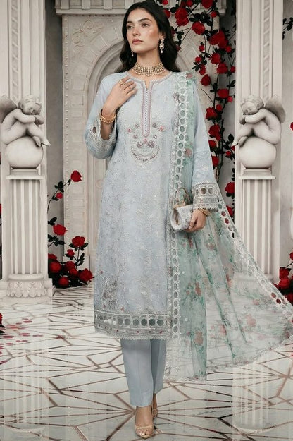 Sea Green Soft Organza Embellished Partywear Suit with Cutwork Details