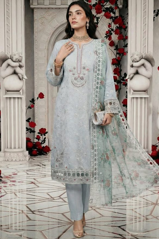 Sea Green Soft Organza Embellished Partywear Suit with Cutwork Details