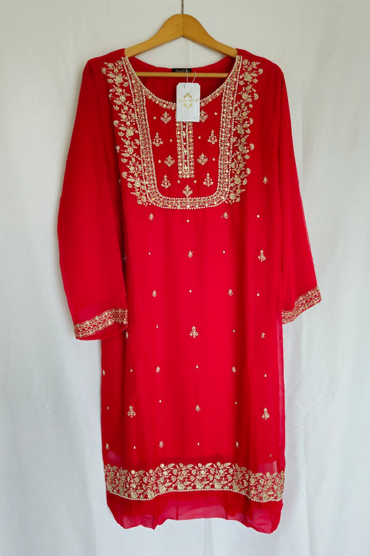 Red Readymade Chiffon Embroidered 2-Piece Suit