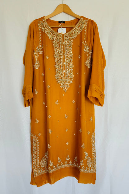 Mustard Readymade Chiffon Embroidered 2-Piece Suit