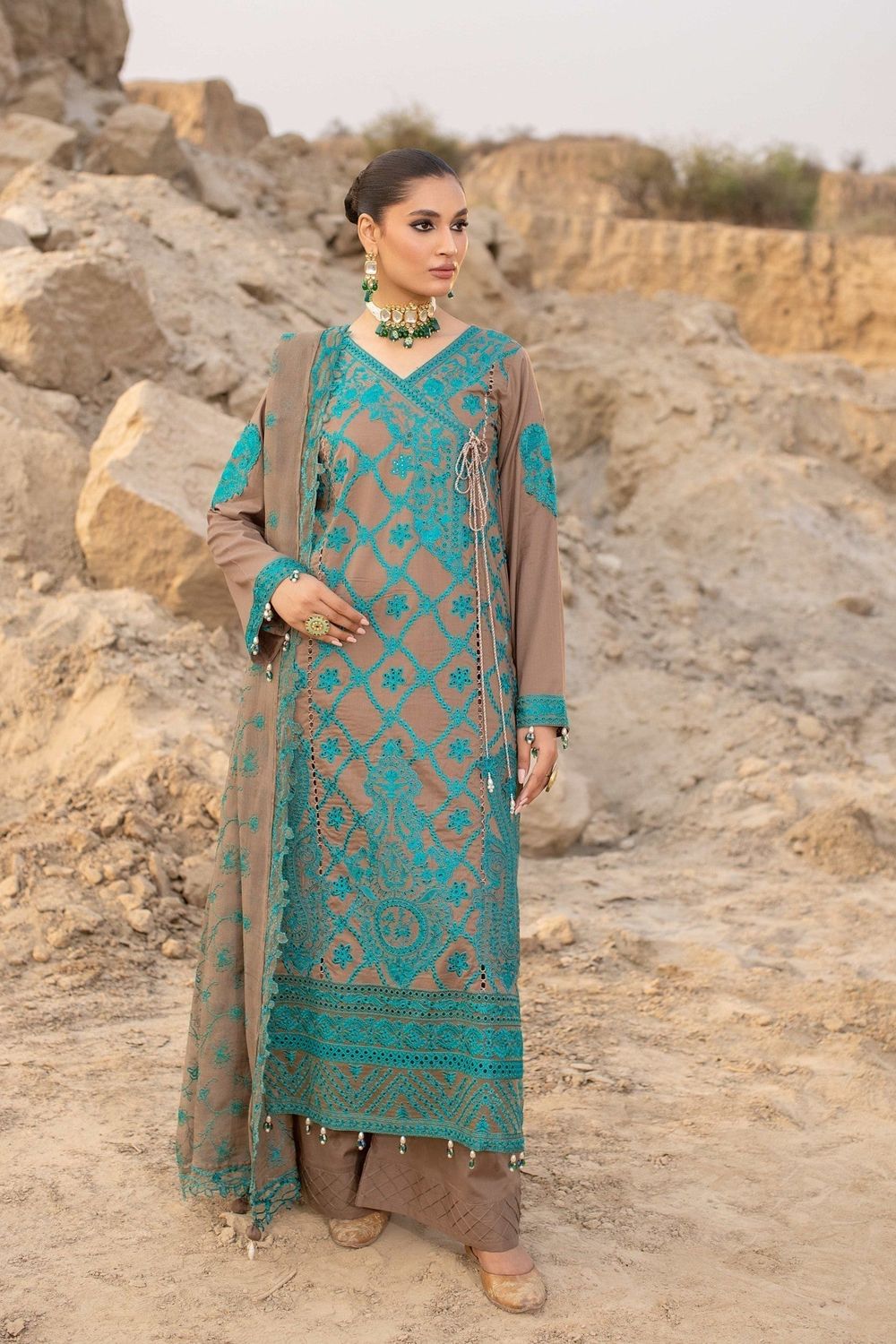 Almond Brown Embroidered Cotton Party Wear Suit Online in Dubai UAE Abudhabi Ajman Sharjah