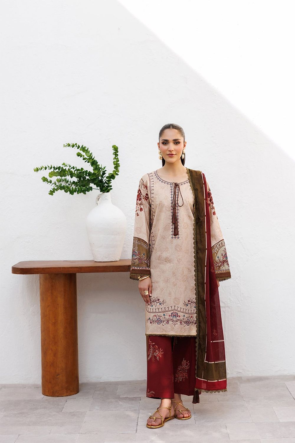 Almond Brown Embroidered Lawn Pakistani Suit Online in Dubai UAE Abudhabi Ajman Sharjah