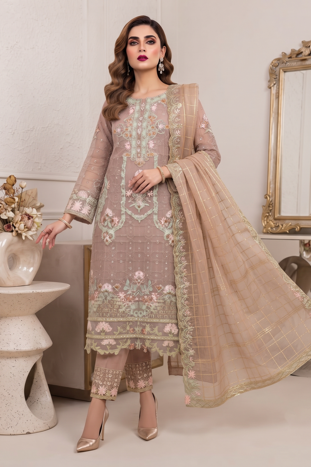 Almond Brown Embroidered Organza Festive Suit Online in Dubai UAE Abudhabi Ajman Sharjah
