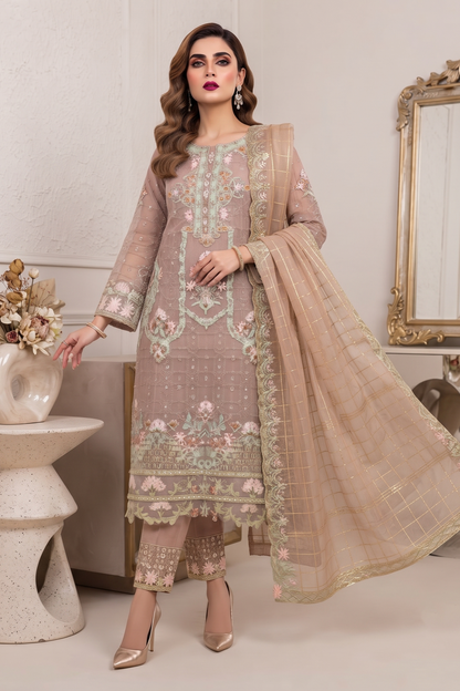 Almond Brown Embroidered Organza Festive Suit Online in Dubai UAE Abudhabi Ajman Sharjah