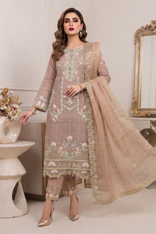 Almond Brown Embroidered Organza Festive Suit Online in Dubai UAE Abudhabi Ajman Sharjah