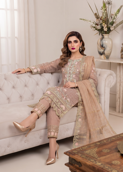 Almond Brown Embroidered Organza Partywear Suit Online in Dubai DXB UAE Abudhabi Meena Bazaar