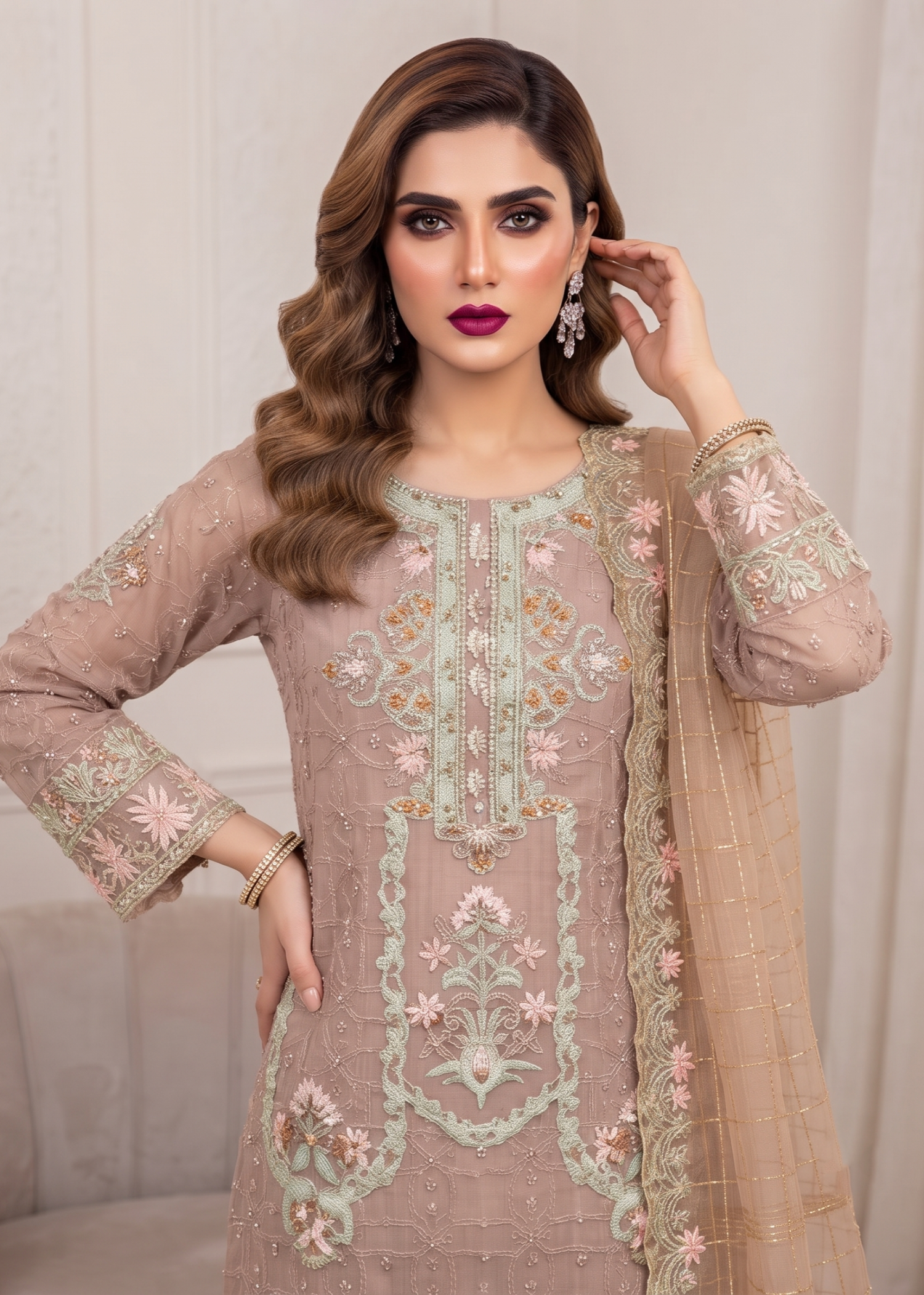 Almond Brown Organza Embroidered Salwar Suit Online in KSA Riyadh Saudi Arabia Oman Bahrain Qatar