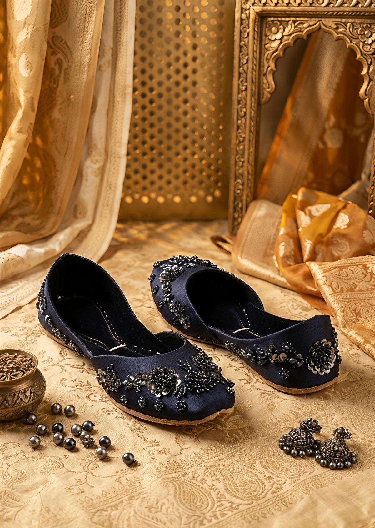 Alyssa Navy Blue Silk Khussa with Leather Sole Online in KSA Riyadh Saudi Arabia Oman Bahrain Qatar