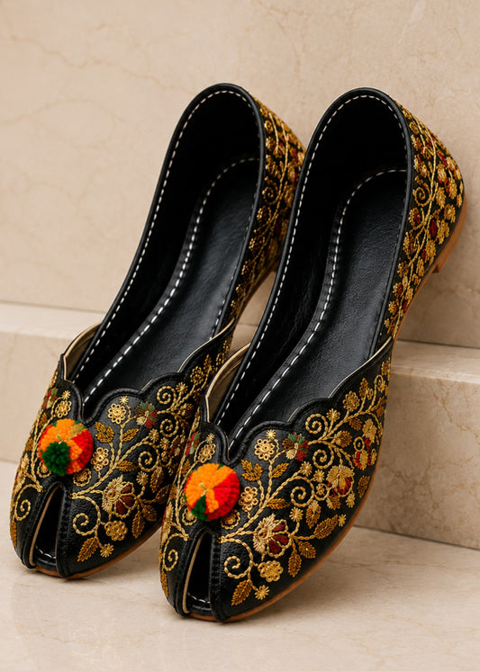 Aniya Collection Golden Floral Embroidered Khussa Online in KSA Riyadh Saudi Arabia Oman Bahrain Qatar