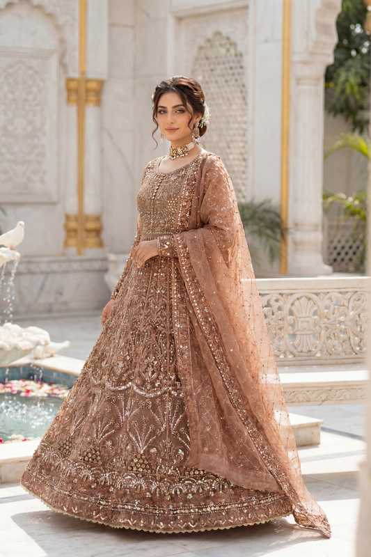 Antique Brown Embellished Net Flared Pishwas Online in Dubai UAE Abudhabi Ajman Sharjah