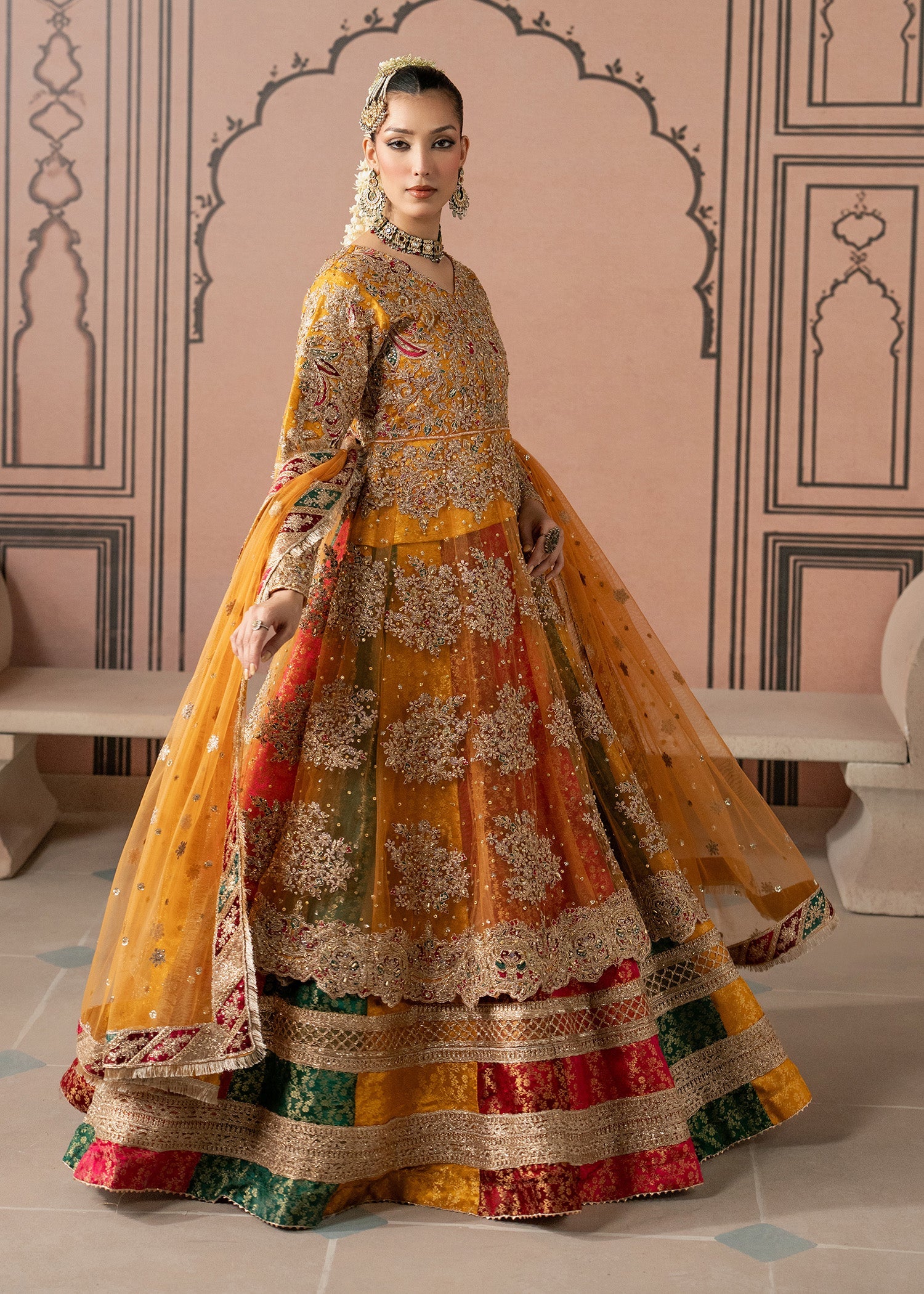 Antique Gold Embroidered Net Festive Outfit Online in Dubai DXB UAE Abudhabi Meena Bazaar