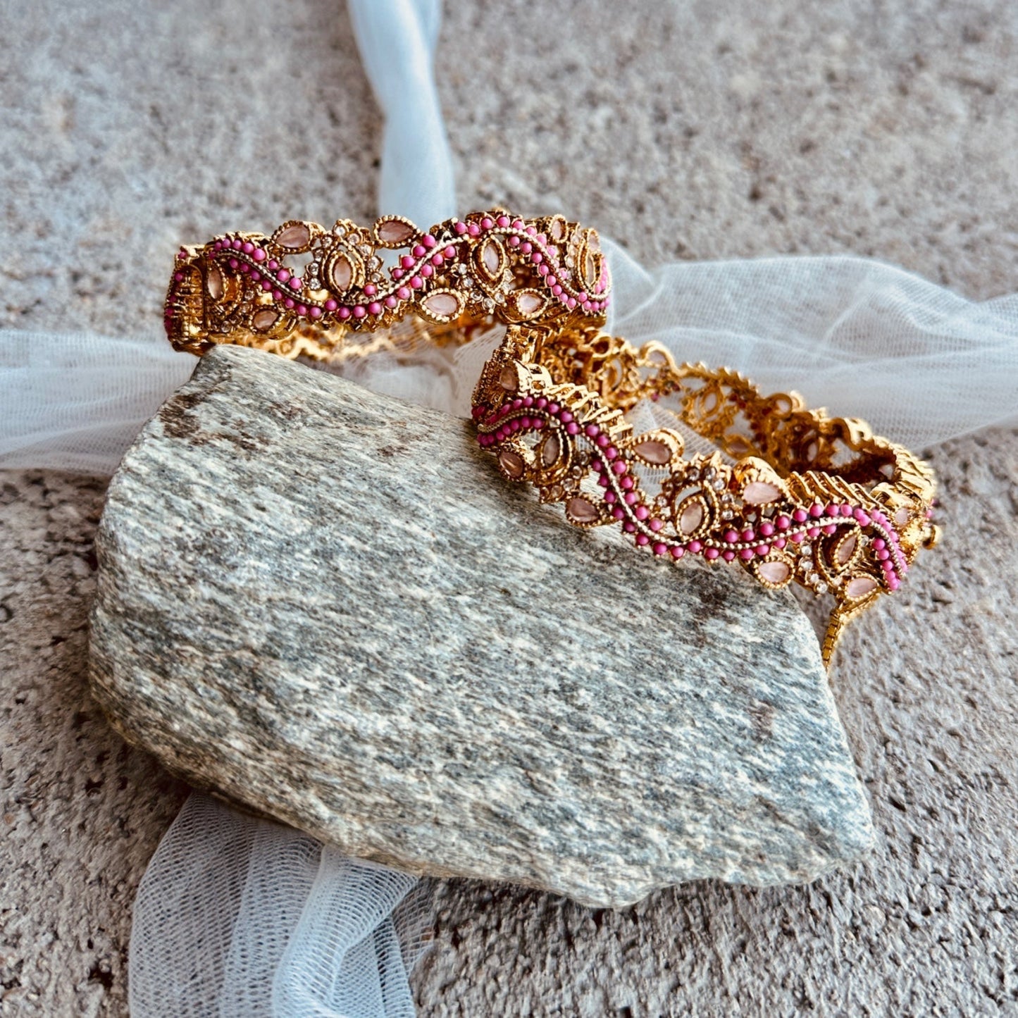 Antique Gold Pink Stone Bangles Online in KSA Riyadh Saudi Arabia Oman Bahrain Qatar