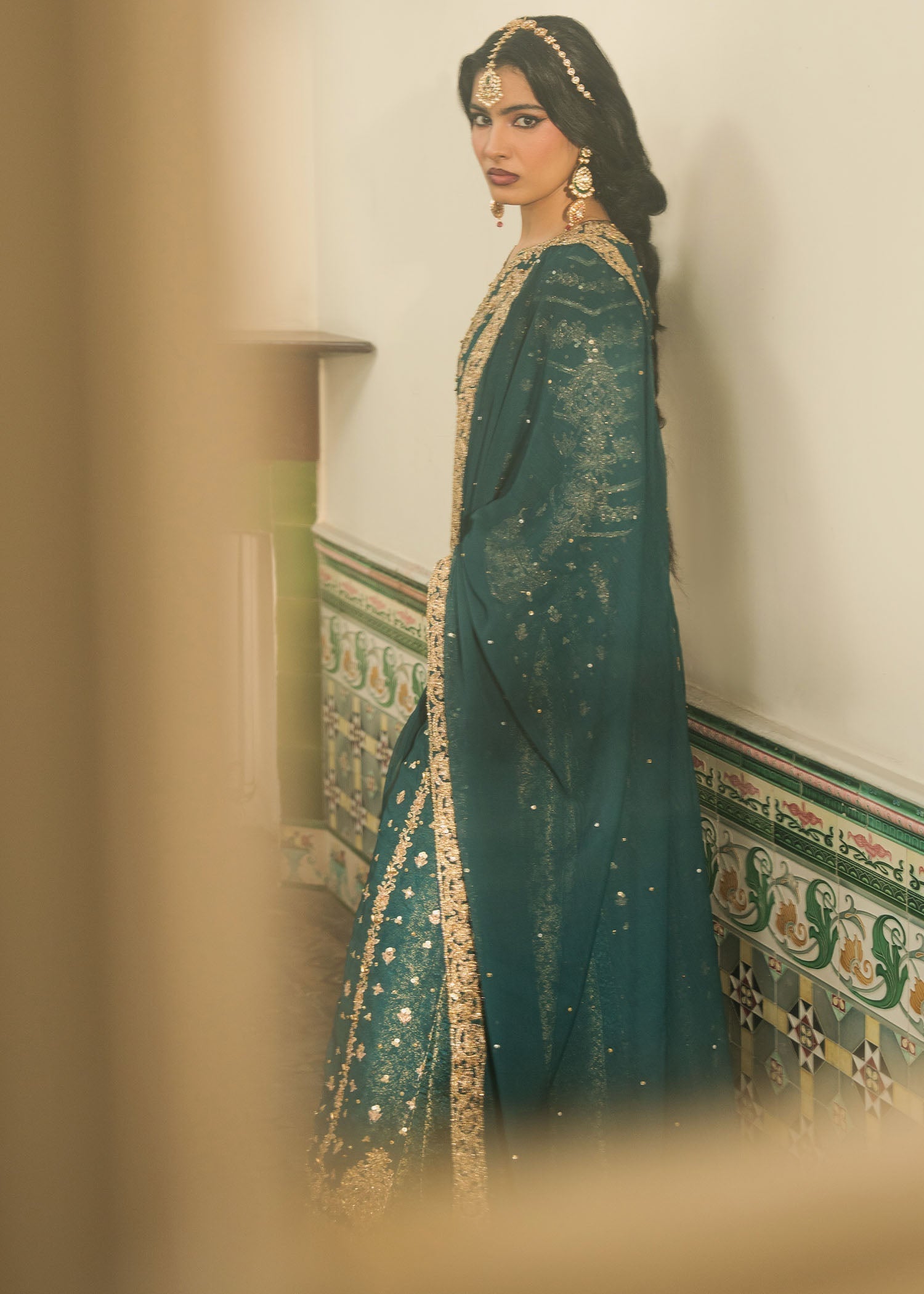 Antique Gold Zardozi Teal Chiffon Farshi Style Suit Online in Dubai DXB UAE Abudhabi Meena Bazaar