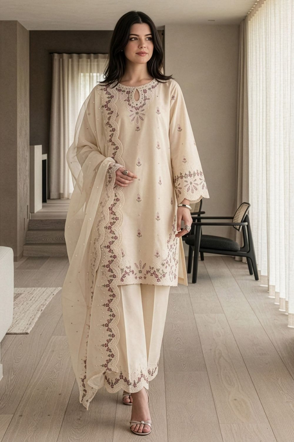 Antique White Embroidered Lawn Cotton Kurta Set Online in Dubai UAE Abudhabi Ajman Sharjah