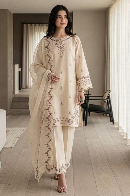 Antique White Embroidered Lawn Cotton Kurta Set Online in Dubai UAE Abudhabi Ajman Sharjah