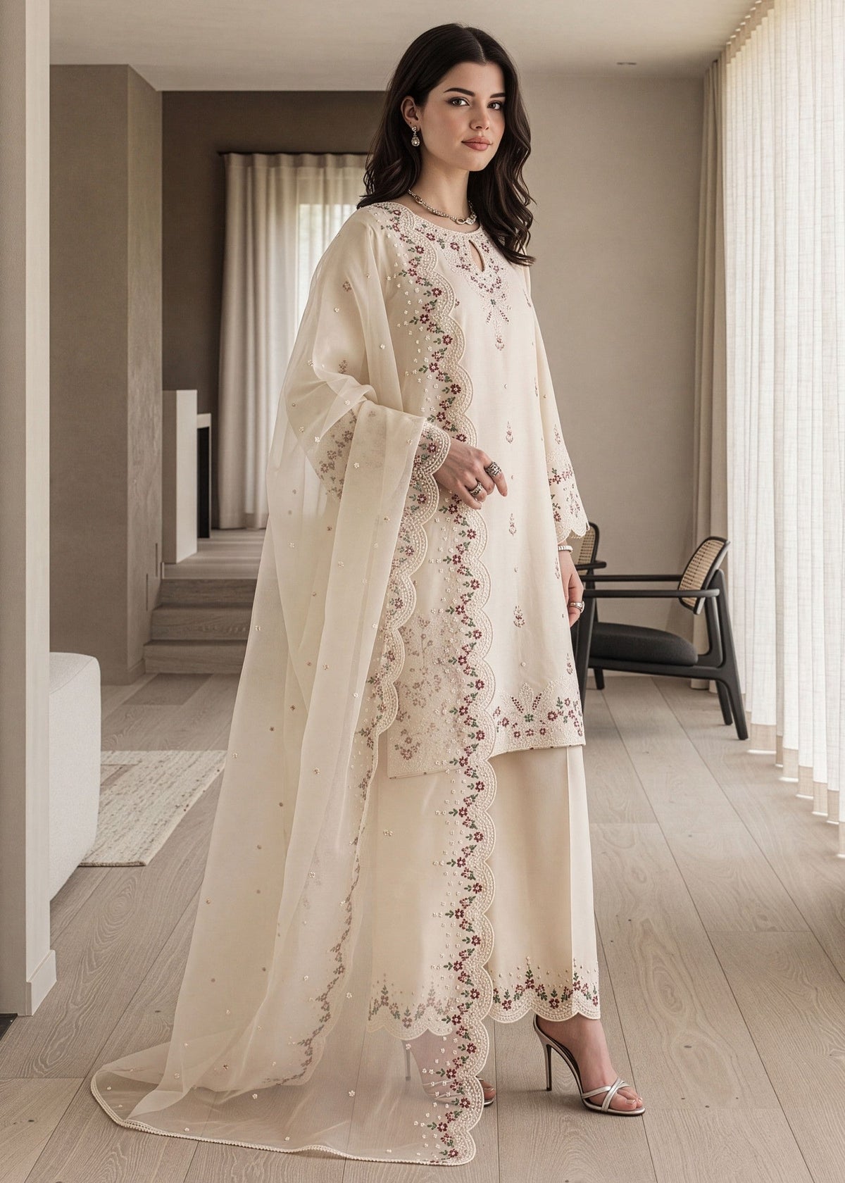 Antique White Embroidered Lawn Salwar Suit Online in Dubai DXB UAE Abudhabi Meena Bazaar